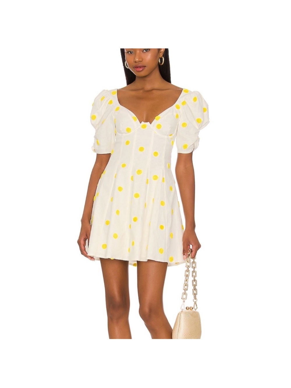 For Love & Lemons White Dress with Yellow Polka Dots